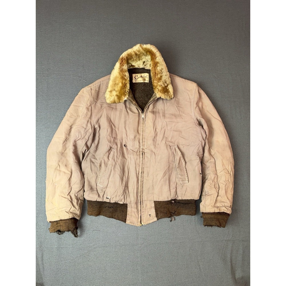 Vintage Sportclad Tan Bomber Jacket Faux Fur Collar Blanket Lined Distressed Med